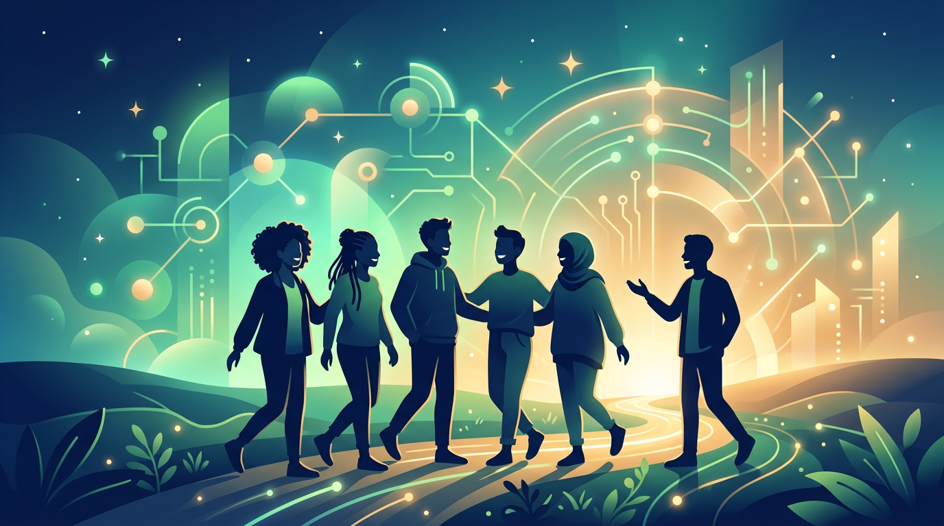 Illustration representing young people, community, and supportive technology for mental well-being.